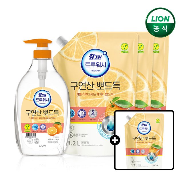 참그린 구연산 뽀드득 주방세제 오렌지향 본품 1kg 1개+1.2L 리필 3개+리필 하나 더 상세 이미지 1