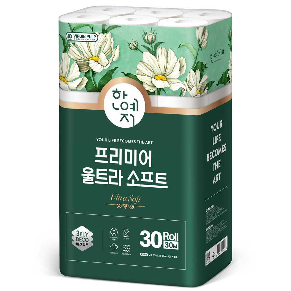한예지 천연펄프 프리미어 울트라 소프트 두루마리 휴지 30롤 1팩 상세 이미지 1