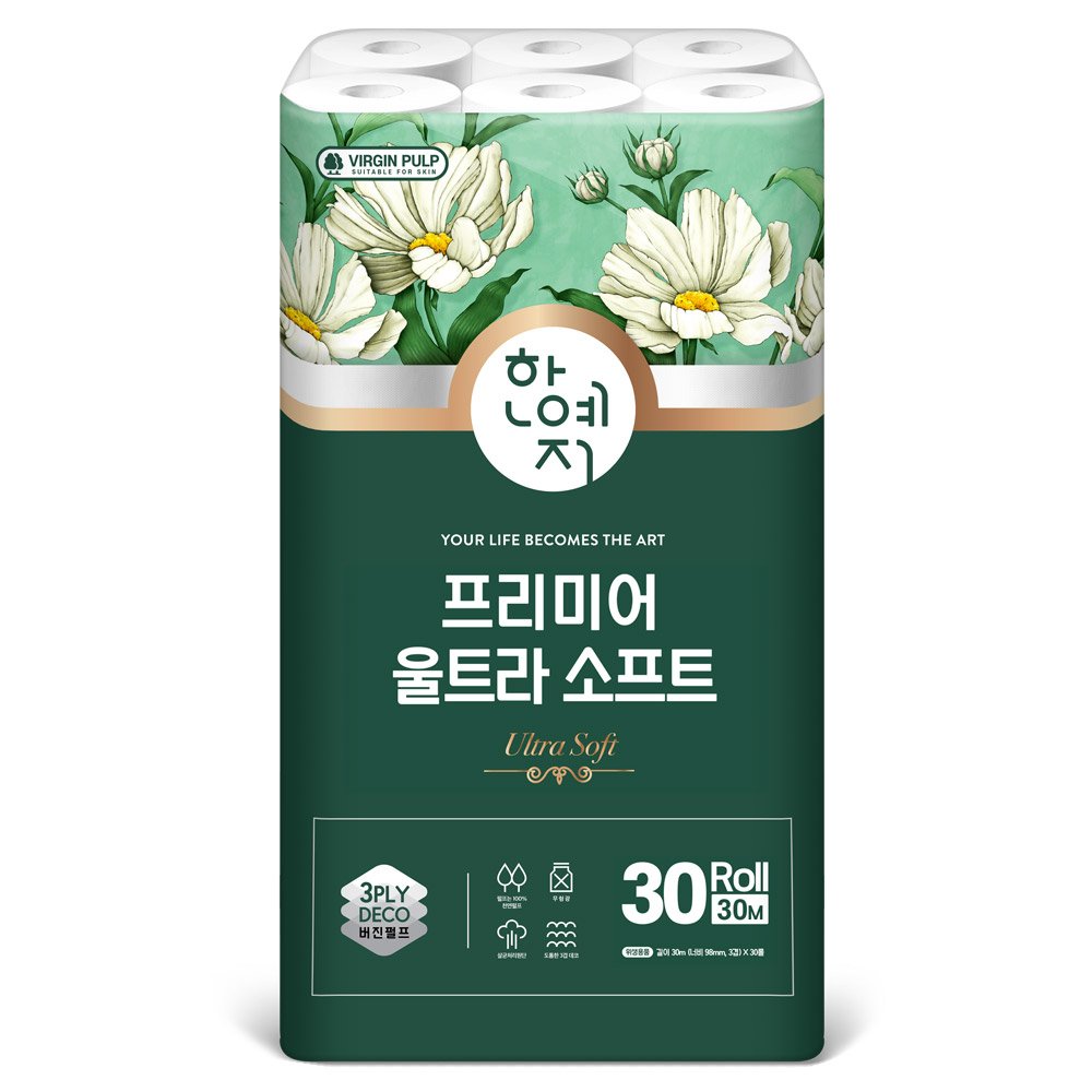 한예지 천연펄프 프리미어 울트라 소프트 두루마리 휴지 30롤 1팩 상세 이미지 2